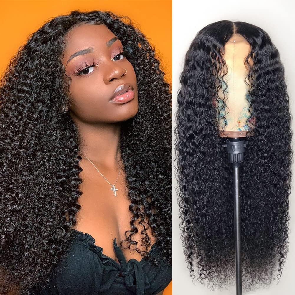YYONG Curly Hair 4x4 T Part Lace Front Wigs Human Hair Wig #1B Natrual Black