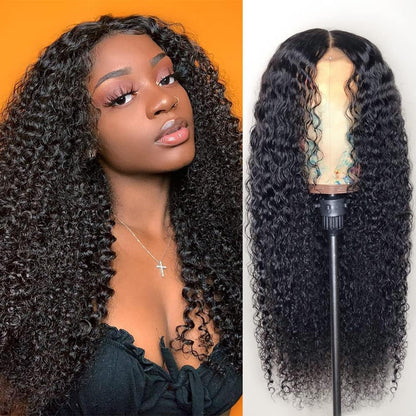 YYONG Curly Hair 4x4 T Part Lace Front Wigs Human Hair Wig #1B Natrual Black