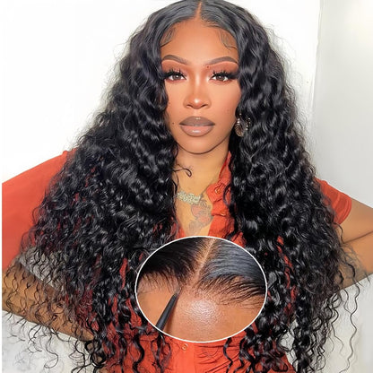 YYONG Water Wave Hair 4x4 T Part Lace Front Wigs Human Hair Wig #1B Natrual Black