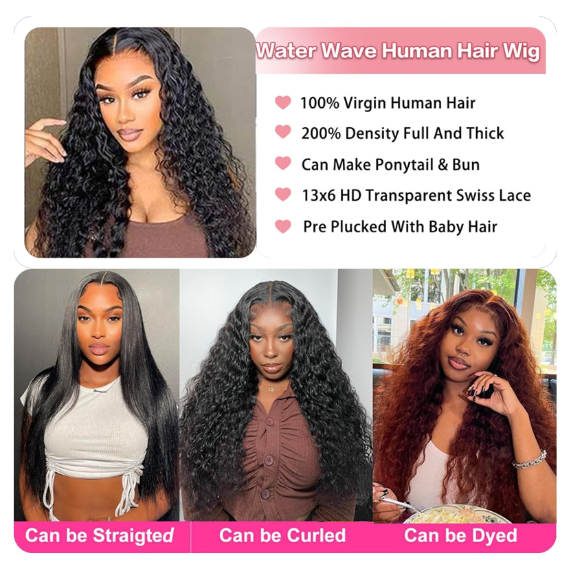 YYONG Water Wave Hair 4x4 T Part Lace Front Wigs Human Hair Wig #1B Natrual Black