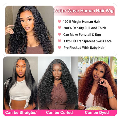 YYONG Water Wave Hair 4x4 T Part Lace Front Wigs Human Hair Wig #1B Natrual Black