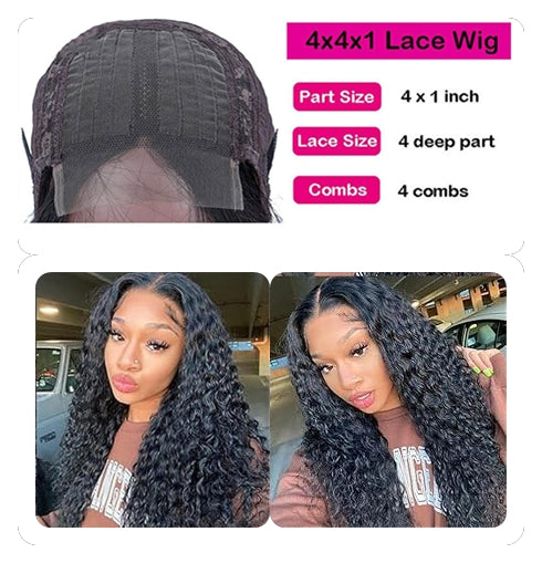 YYONG Curly Hair 4x4 T Part Lace Front Wigs Human Hair Wig #1B Natrual Black