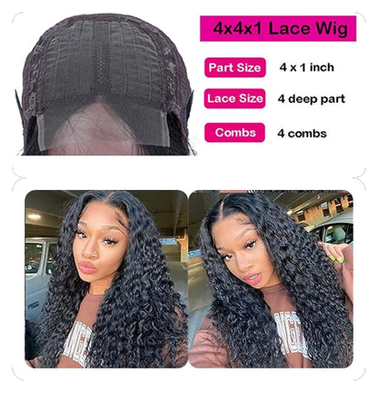 YYONG Curly Hair 4x4 T Part Lace Front Wigs Human Hair Wig #1B Natrual Black