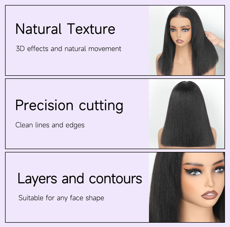 YYONG T Part 4x4 Lace Front Wigs Kinky Straight Bob Pre Cut Human Hair Wigs for Women #1B