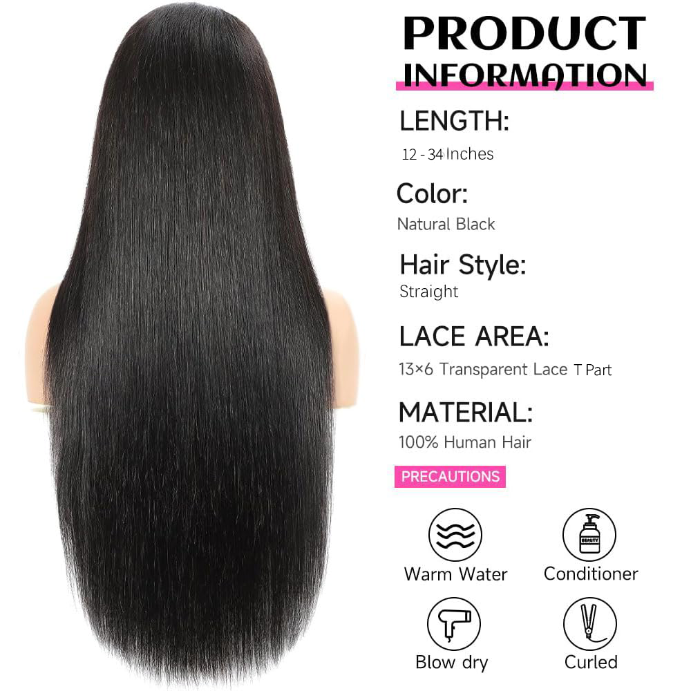 YYONG Straight 13x6x1 T-part Lace Front Wigs Human Hair Wigs #1B 12-34 Inch