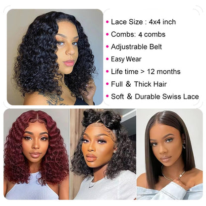 YYONG T Part 4x4 Lace Front Wigs Deep Wave Bob Pre Cut Human Hair Wigs for Women #1B