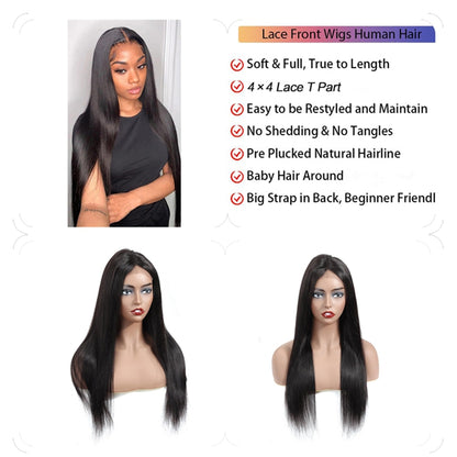 YYONG Straight Hair 4x4 T Part Lace Front Wigs Human Hair Wig #1B Natrual Black