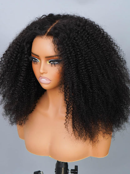 YYONG Afro Kinky Curly Hair 4x4 T Part Lace Front Wigs Human Hair Wig #1B Natrual Black