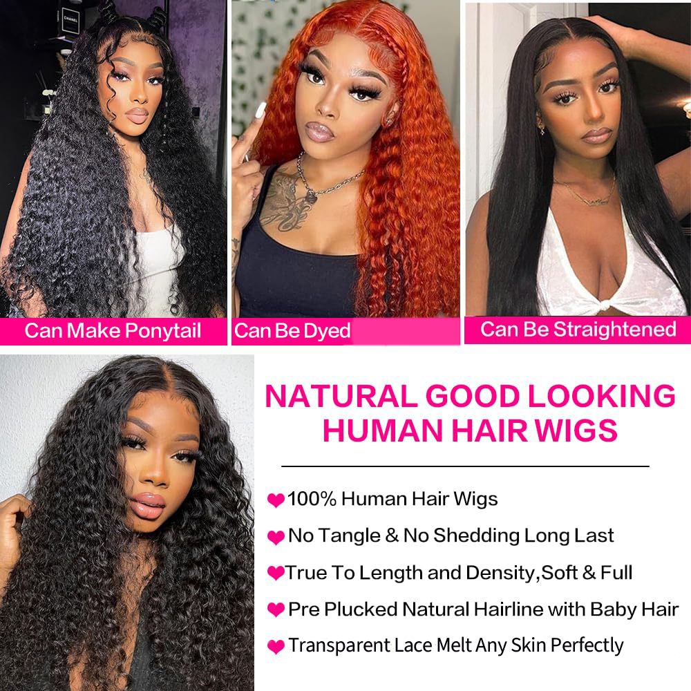 YYONG Deep Wave Hair 4x4 T Part Lace Front Wigs Human Hair Wig #1B Natrual Black