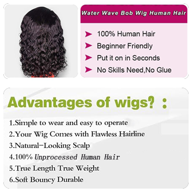 YYONG T Part 4x4 Lace Front Wigs water wave Bob Pre Cut Human Hair Wigs for Women #1B