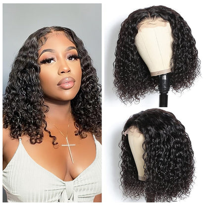 YYONG T Part 4x4 Lace Front Wigs Curly Bob Pre Cut Human Hair Wigs for Women #1B