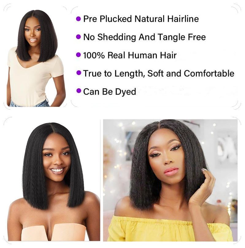YYONG T Part 4x4 Lace Front Wigs Kinky Straight Bob Pre Cut Human Hair Wigs for Women #1B