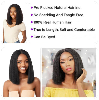 YYONG T Part 4x4 Lace Front Wigs Kinky Straight Bob Pre Cut Human Hair Wigs for Women #1B