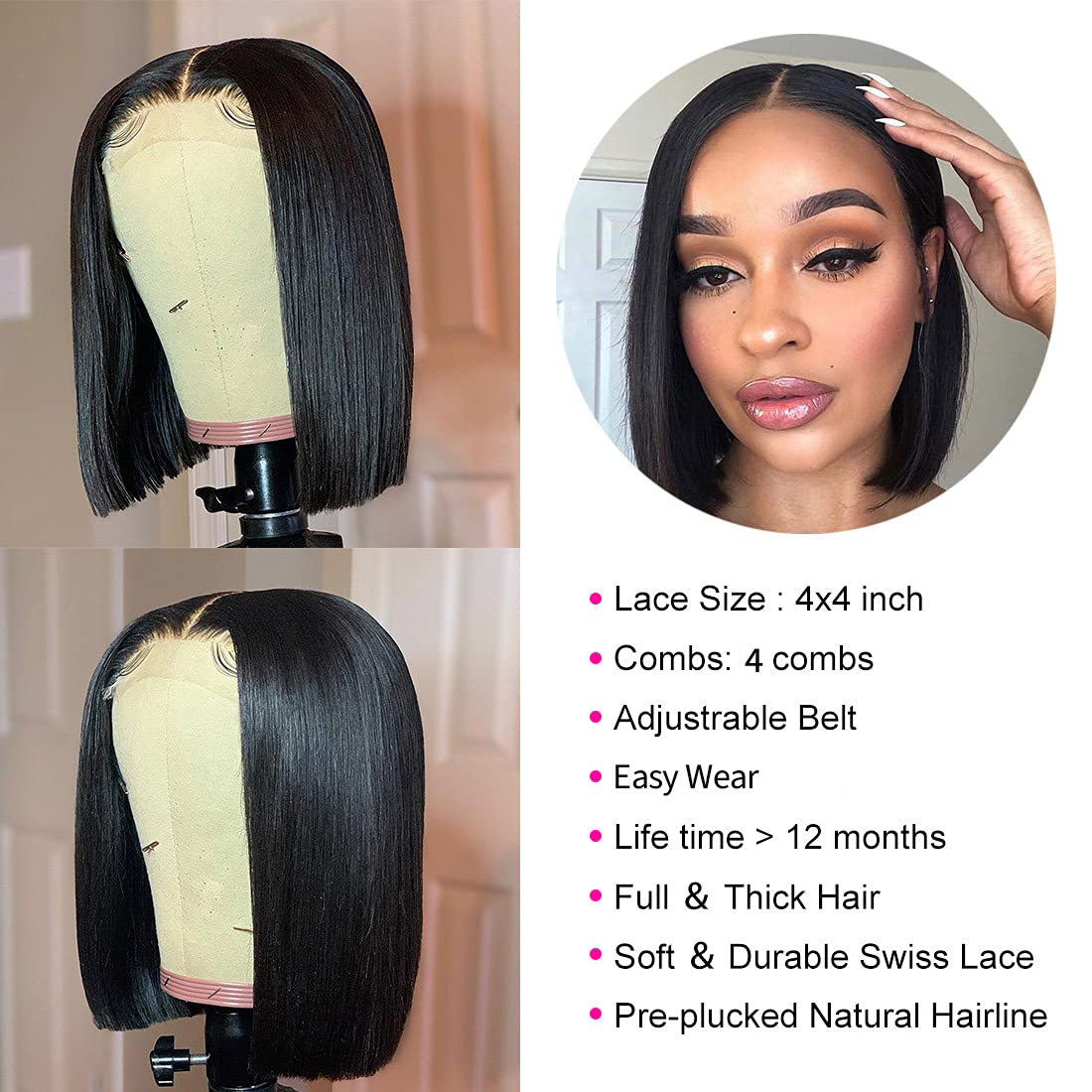 YYONG T Part 4x4 Lace Front Wigs Straight Bob Pre Cut Human Hair Wigs for Women #1B