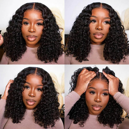 YYONG T Part 4x4 Lace Front Wigs Deep Wave Bob Pre Cut Human Hair Wigs for Women #1B