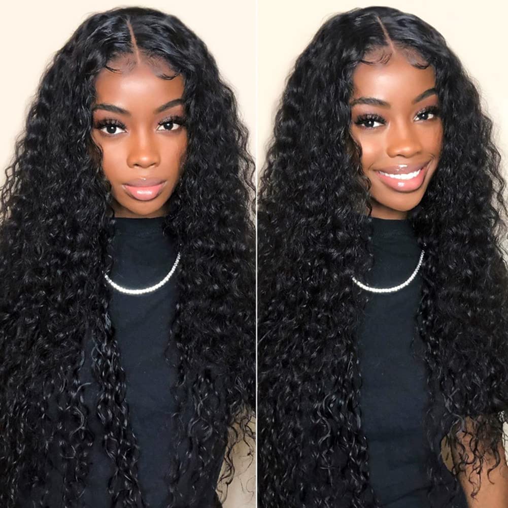 YYONG Curly Hair 4x4 T Part Lace Front Wigs Human Hair Wig #1B Natrual Black