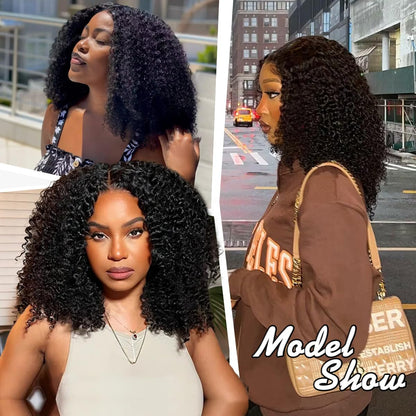 YYONG T Part 4x4 Lace Front Wigs Afro Kinky Curly Bob Pre Cut Human Hair Wigs for Women #1B