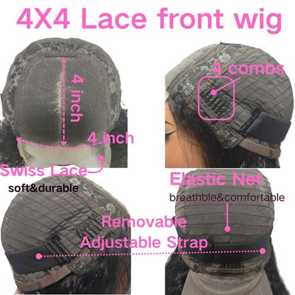 YYONG Deep Wave Hair 4x4 T Part Lace Front Wigs Human Hair Wig #1B Natrual Black