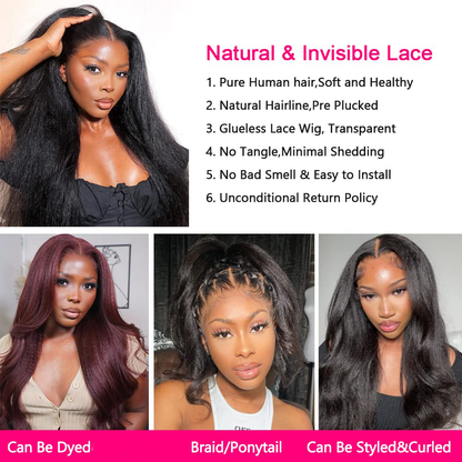 YYONG Kinky Straight Hair 4x4 T Part Lace Front Wigs Human Hair Wig #1B Natrual Black