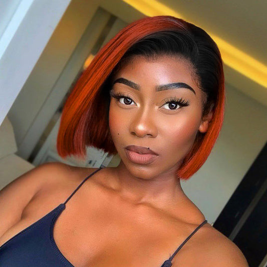 YYONG Orange Color With Dark Root Straight Short Bob Wigs 13x4 Lace Front Wigs Human Hair