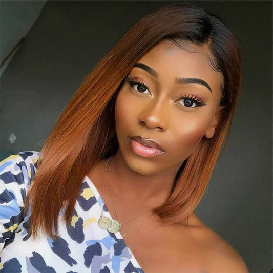 YYONG Dark Root Brown Straight Short Bob Wigs 13x4 Lace Front Wigs Human Hair