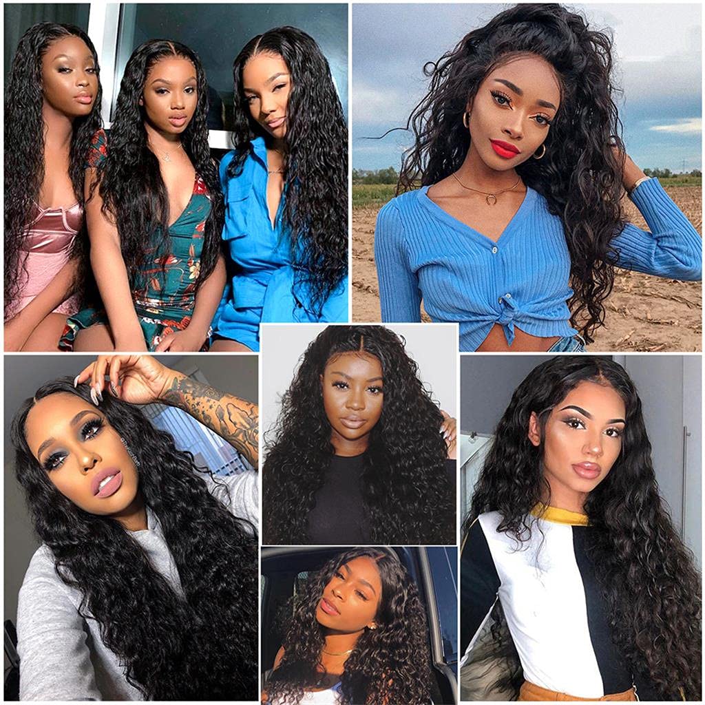 YYONG Water Wave Hair 4x4 T Part Lace Front Wigs Human Hair Wig #1B Natrual Black