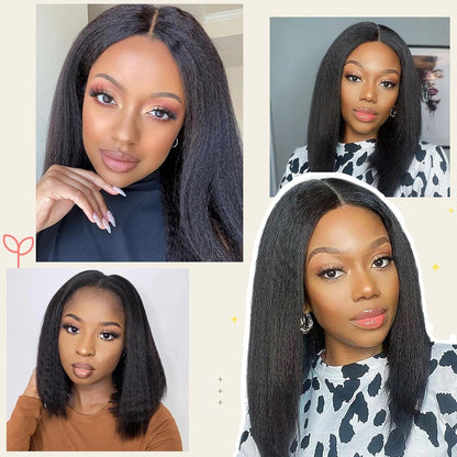 YYONG T Part 4x4 Lace Front Wigs Kinky Straight Bob Pre Cut Human Hair Wigs for Women #1B