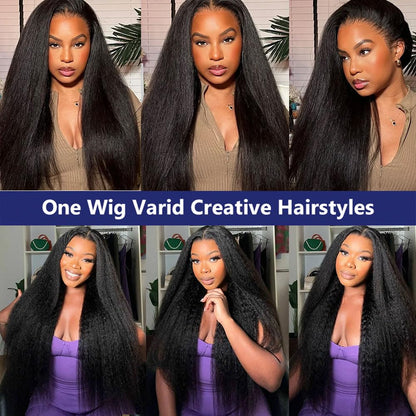 YYONG Kinky Straight Hair 4x4 T Part Lace Front Wigs Human Hair Wig #1B Natrual Black