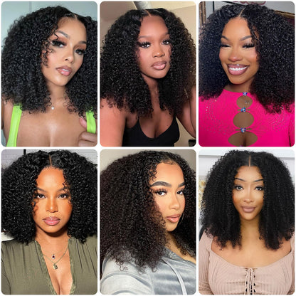 YYONG T Part 4x4 Lace Front Wigs Afro Kinky Curly Bob Pre Cut Human Hair Wigs for Women #1B