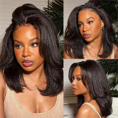 YYONG Kinky Straight Hair 4x4 T Part Lace Front Wigs Human Hair Wig #1B Natrual Black