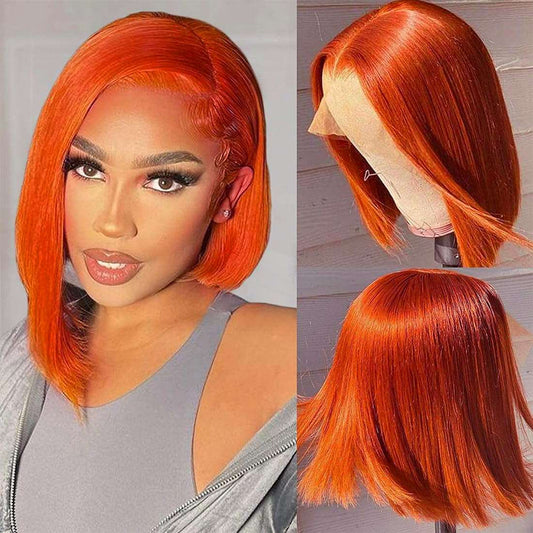 YYONG Ginger Orange Color Straight Short Bob Wigs 13x4 Lace Front Wigs Human Hair
