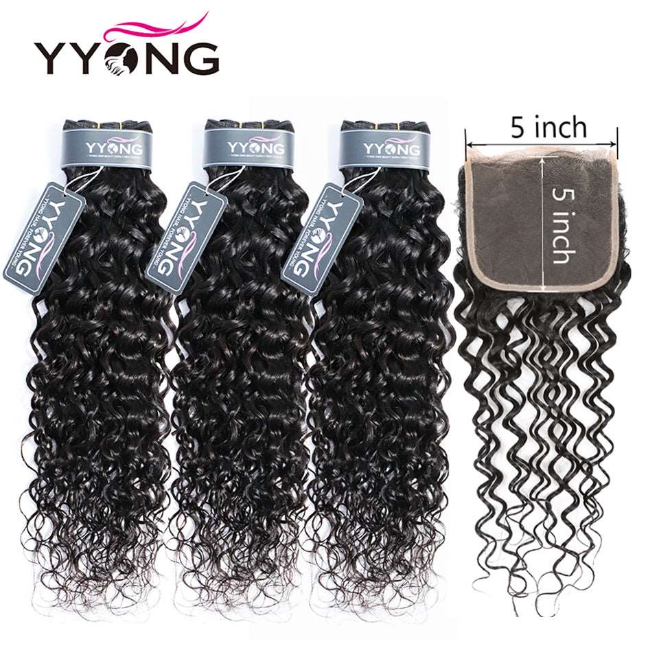 YYONG Water Wave 3 Bundles With 5x5 Closure 100% Human Hair