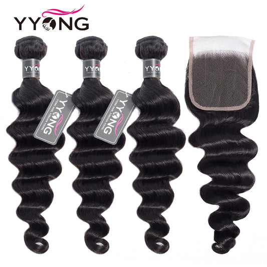 YYONG Loose Deep Wave 3 Bundles With Closure 100% Human Hair