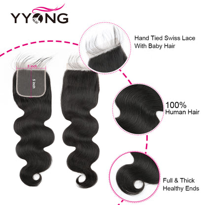 YYONG Body Wave 3 Bundles With 5x5 Closure 100% Human Hair