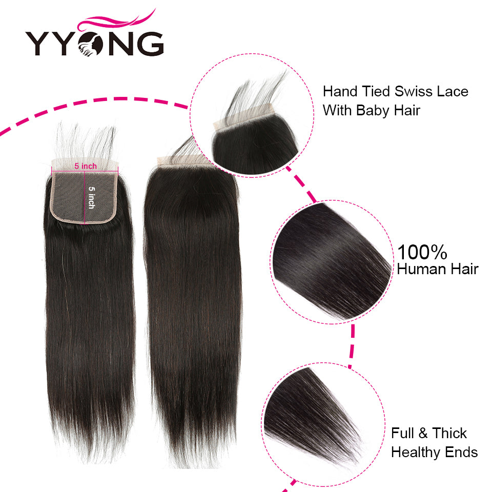 YYONG Straight Hair 3 Bundles With 5x5 Closure 100% Human Hair