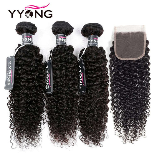 YYONG Kinky Curly Hair 3 Bundles With Closure 100% Human Hair