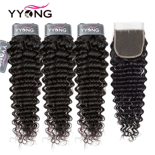 YYONG Deep Wave Hair 3 Bundles With Closure 100% Human Hair