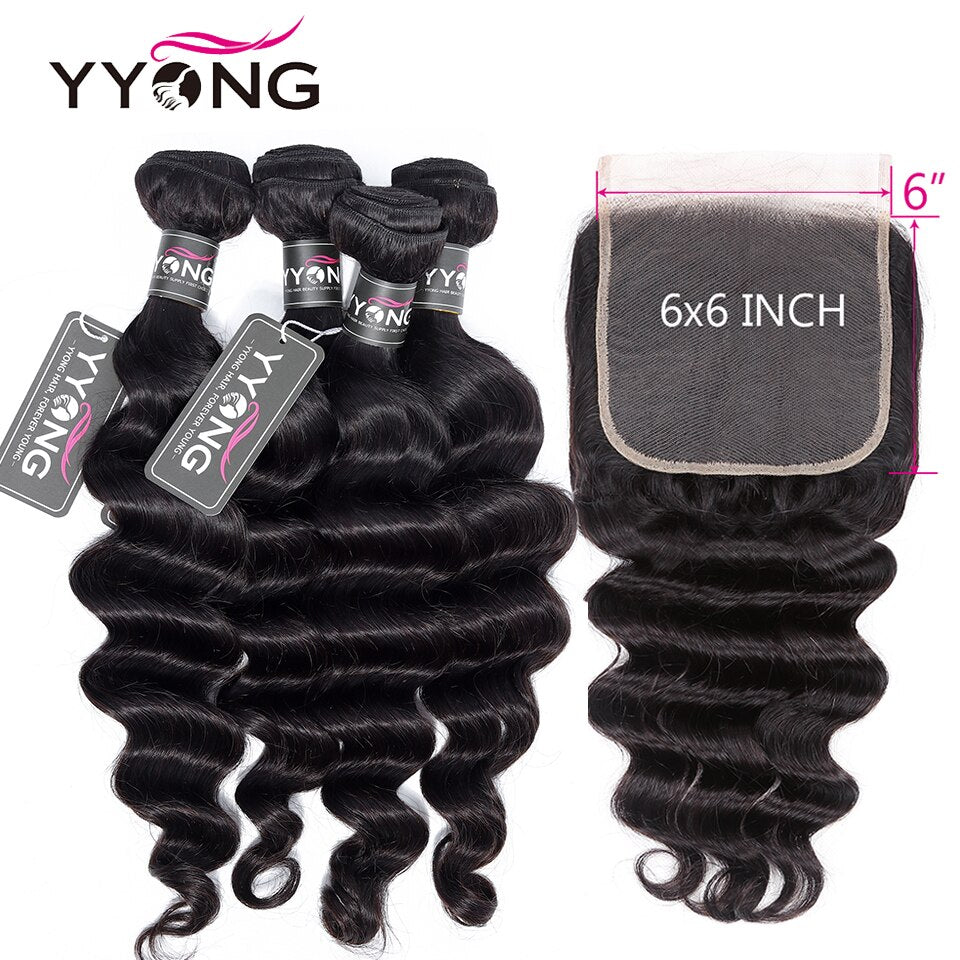 YYONG Loose Deep Wave 3 Bundles With 6x6 Closure 100% Human Hair