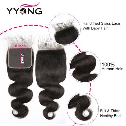 YYONG Body Wave 3 Bundles With 6x6 Closure 100% Human Hair