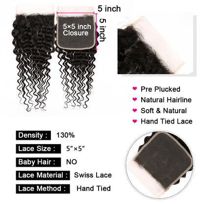 YYONG Deep Wave 3 Bundles With 5x5 Closure 100% Human Hair
