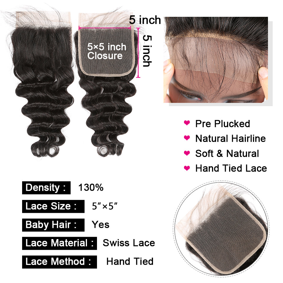 YYONG Loose Deep Wave 3 Bundles With 5x5 Closure 100% Human Hair