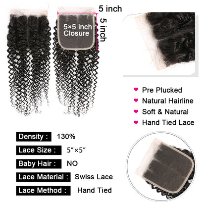 YYONG Kinky Curly 3 Bundles With 5x5 Closure 100% Human Hair