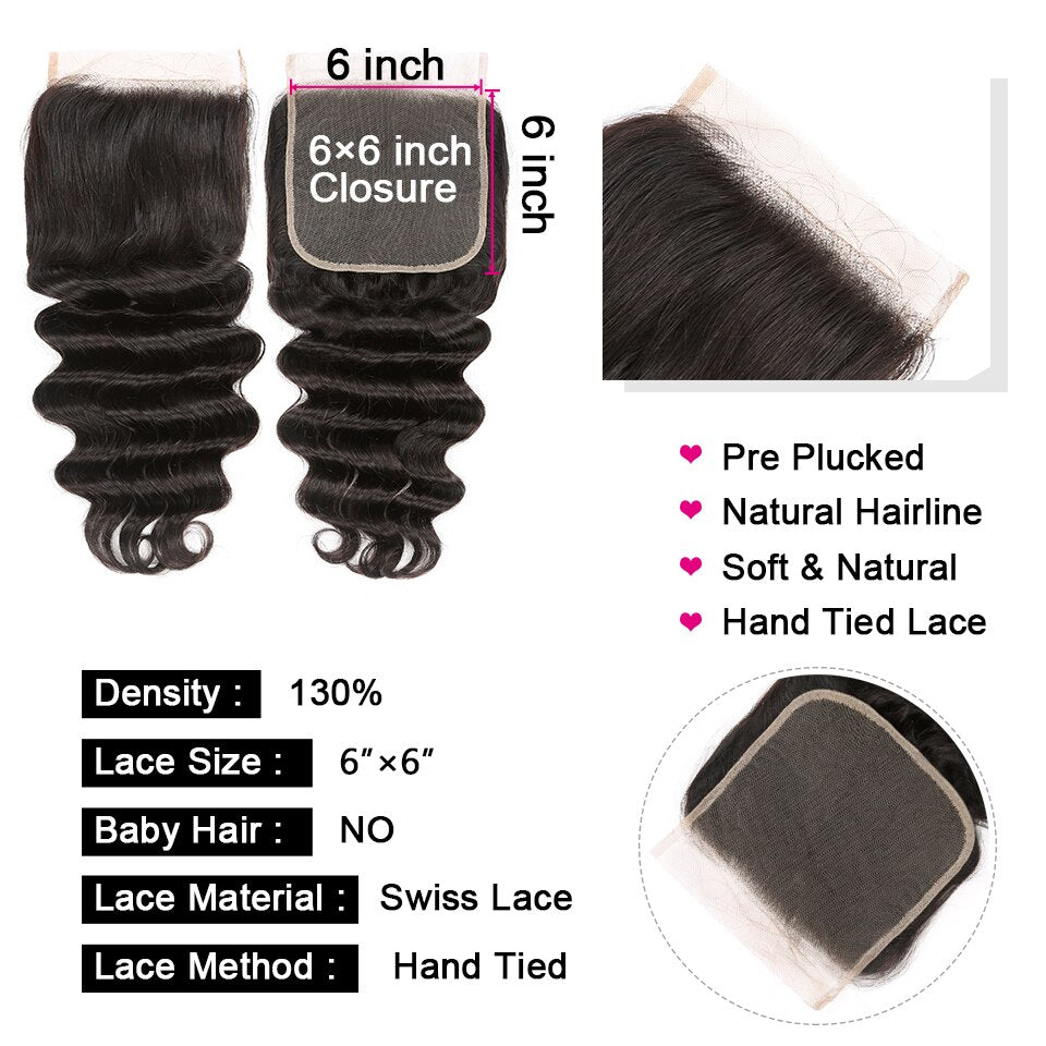 YYONG Loose Deep Wave 3 Bundles With 6x6 Closure 100% Human Hair
