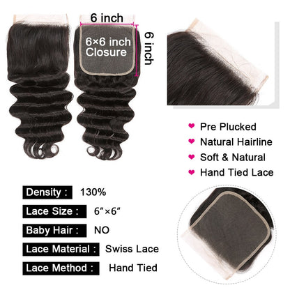 YYONG Loose Deep Wave 3 Bundles With 6x6 Closure 100% Human Hair