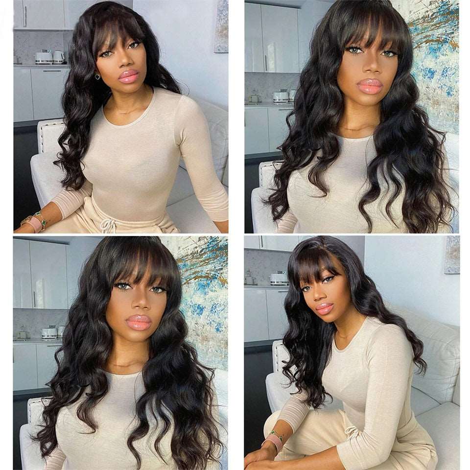 YYONG Body Wave Hair Wig With Bangs Machine Made Human Hair Wigs No Lace