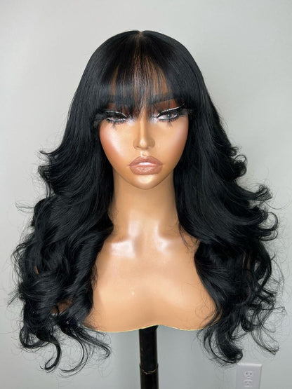 YYONG Body Wave Hair Wig With Bangs Machine Made Human Hair Wigs No Lace