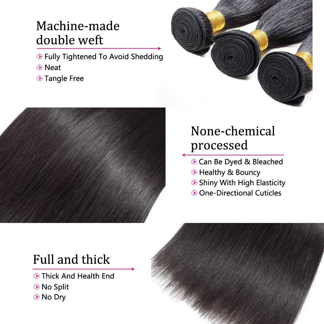 YYONG 3Pcs Straight Virgin Human Hair Bundles
