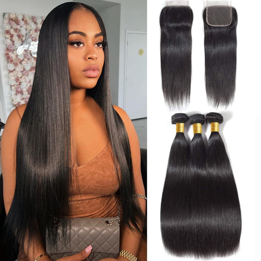 YYONG Straight Hair 3 Bundles With Closure 100% Human Hair