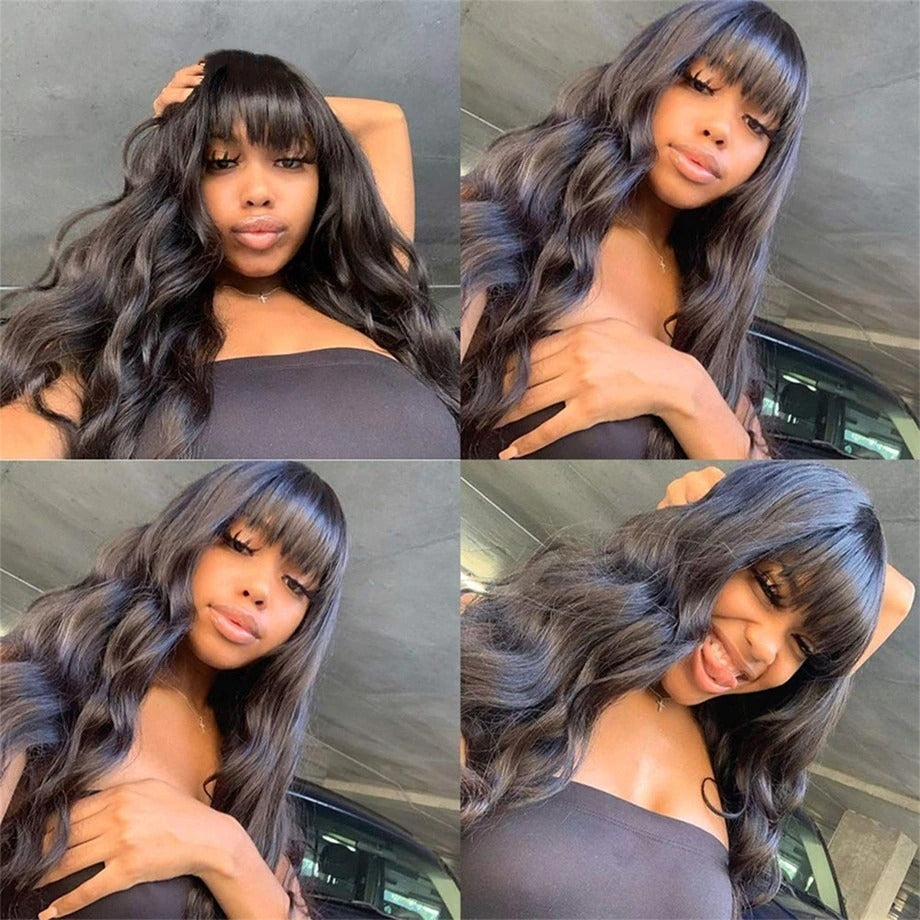 YYONG Body Wave Hair Wig With Bangs Machine Made Human Hair Wigs No Lace