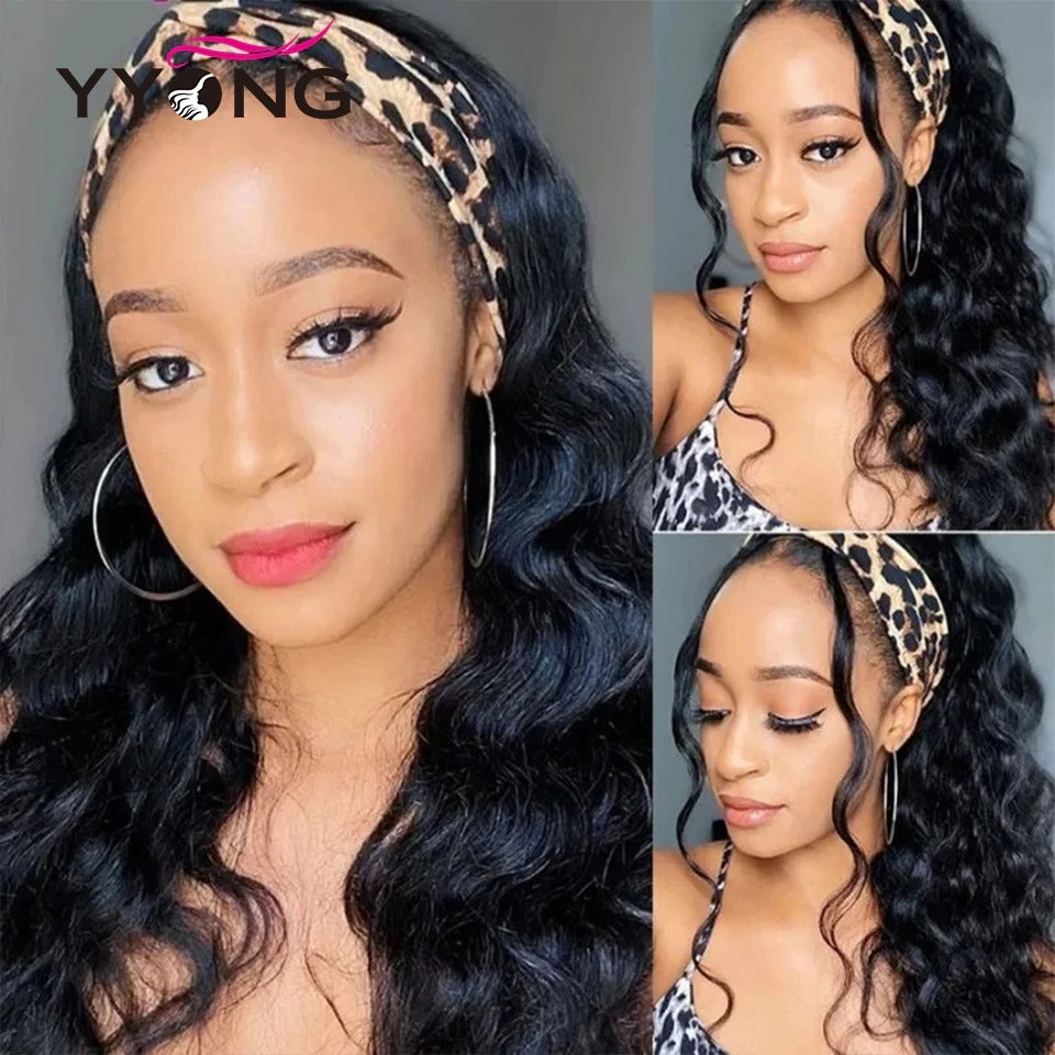 YYONG Body Wave Headband Wigs Remy Human Hair Wigs None-Lace